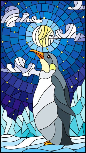 Illustrazione in vetro colorato con pinguino su sfondo di neve, cielo stellato, luna e nuvole
  - Vettoriali, immagini