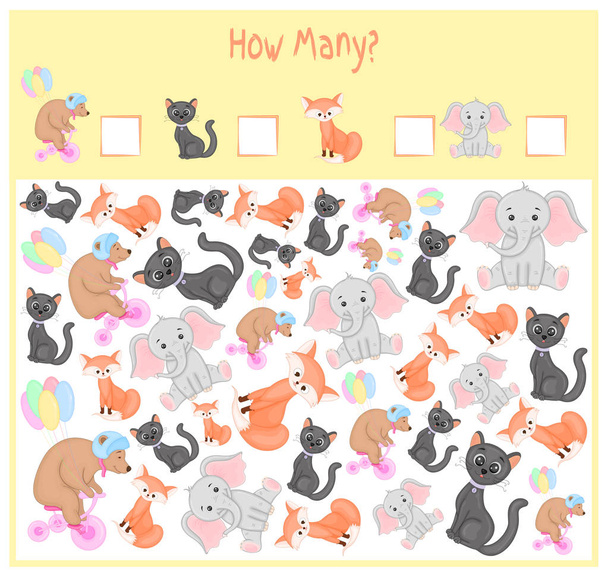 Counting game for Preschool Children. A mathematical Educational game. Count how many items and write the result. Wild and domestic animals. Nature. - Vector, afbeelding