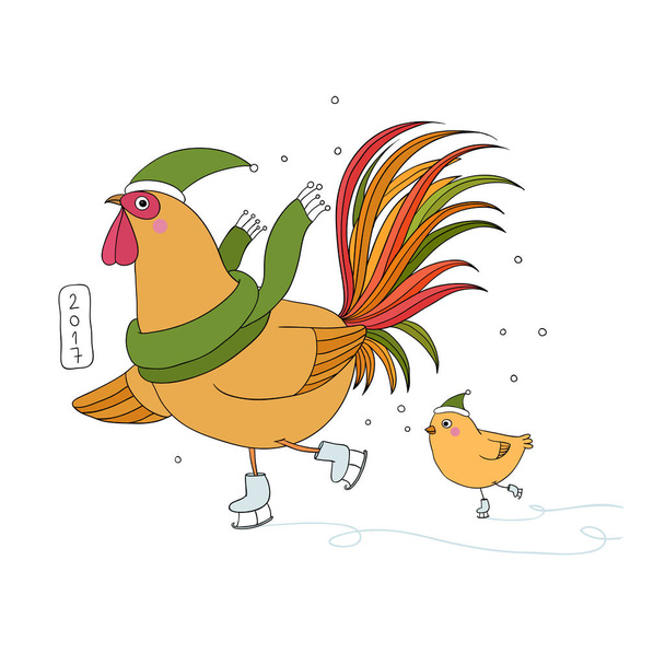 Rooster and chicken on skates. - Vektör, Görsel