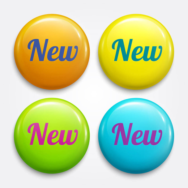 Nieuwe glossy reclame badges, knoppen. Cirkel labels voor nieuwe producten in de winkels. Vector. - Vector, afbeelding