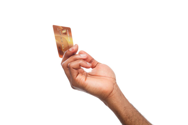 Czarny mężczyzna ręka trzyma karty plastikowe - Zdjęcie, obraz