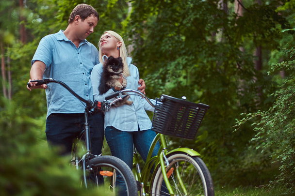 An attractive couple of a blonde female and man dressed in casual clothes on a bicycle ride with their cute little spitz. - Fotografie, Obrázek