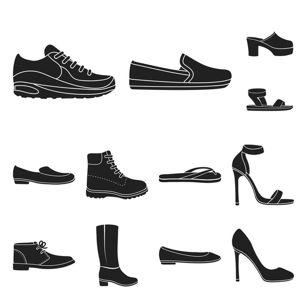 A variety of shoes black icons in set collection for design. Boot, sneakers vector symbol stock web illustration. - Vetor, Imagem