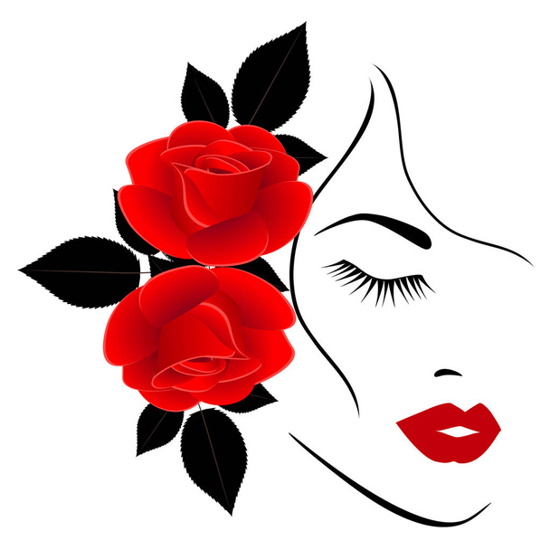 Face of a girl with red roses on a white background. - Vector, Image