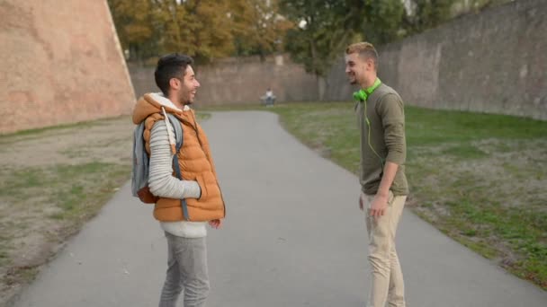 zwei Freunde unterhalten sich in einem öffentlichen Park. - Filmmaterial, Video