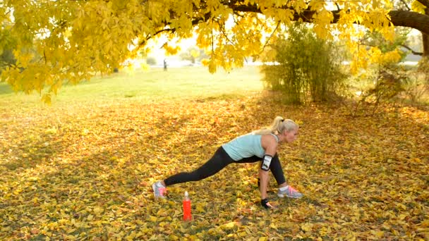 Loira desportiva atraente fazendo split e exercício no chão no parque público coberto com uma folhas amarelas
. - Filmagem, Vídeo