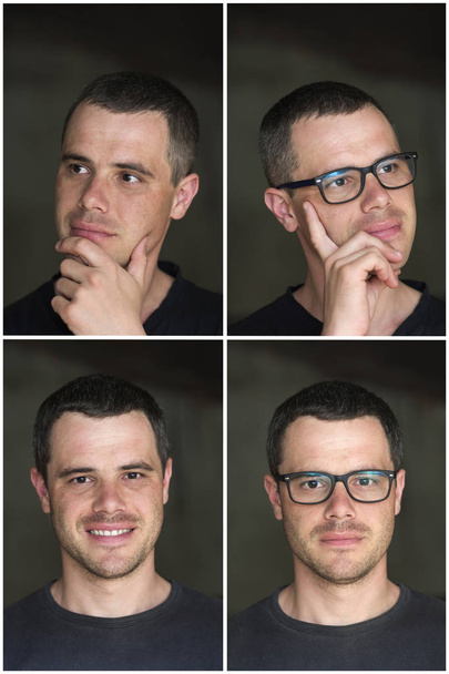 Collage of four portraits of young handsome black-haired unshave - Photo, Image