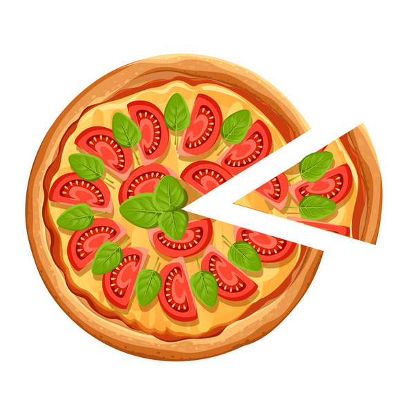 Pizza com fatia. Pizza Margherita com tomate, queijo e orégano. Cartaz para design, restaurante, café, pizzaria. Ilustração vetorial isolada com lugar para o seu texto sobre fundo branco
 - Vetor, Imagem