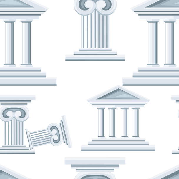 Dikişsiz desen Yunan tapınağı ve sütun. Banka simgesi. Düz stil tasarım. Beyaz arka plan üzerinde izole vektör çizim. Web sitesi sayfası ve mobil uygulaması - Vektör, Görsel