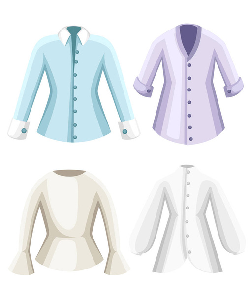 Σετ Μπλούζες. Ρούχα για την κυρία. Θηλυκό επίσημη μακρυμάνικα μπλούζες. Επίπεδη στυλ σχεδιασμού. Εικονογράφηση διάνυσμα που απομονώνονται σε λευκό φόντο. Σελίδα τοποθεσίας Web και mobile εφαρμογών - Διάνυσμα, εικόνα