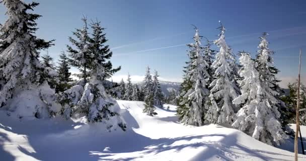 Πού Poreba / Πολωνία - ημερομηνία: 03222018. Λόφους που καλύπτονται με χιόνι. Ηλιόλουστα, κρύα ημέρα στα βουνά Sudety απλώνονται. - Πλάνα, βίντεο