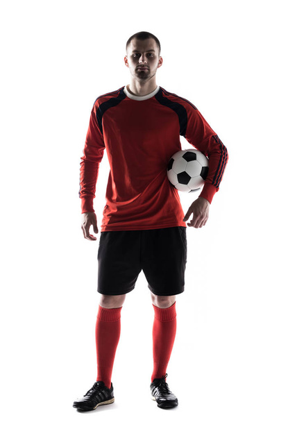 muotokuva jalkapalloilija pallo eristetty valkoinen
 - Valokuva, kuva