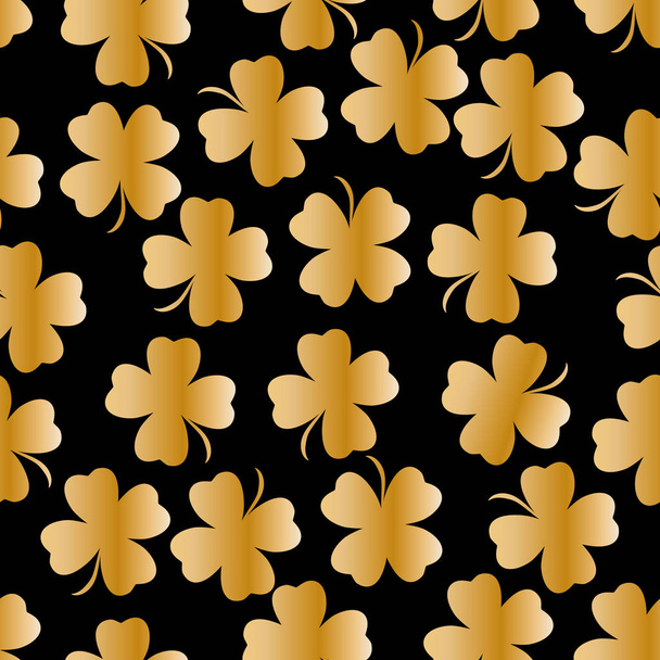 Patrón sin costuras con un trébol de cuatro hojas de color amarillo sobre un fondo negro
 - Vector, imagen