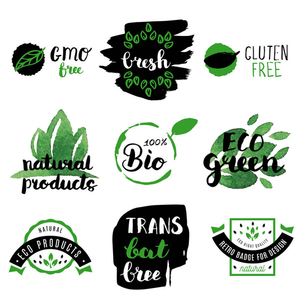 Healthy food icons, labels. Organic tags. Natural product elements. Logo for vegetarian restaurant menu. Raster illustration. Low fat stamp. Eco product. - Vector, Image