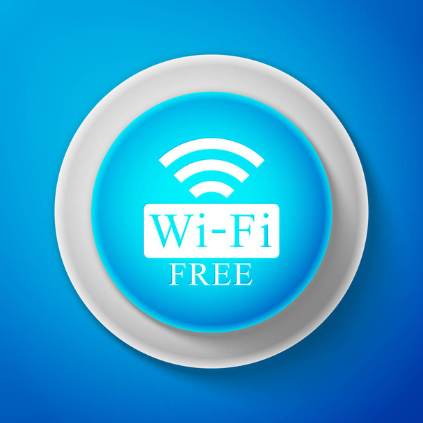 White darmowe Wi-fi logują się na białym tle na niebieskim tle. Symbol Wi-fi. Ikona sieci bezprzewodowej sieci. Strefa Wi-fi. Koło niebieski przycisk z Biała linia. Ilustracja wektorowa - Wektor, obraz