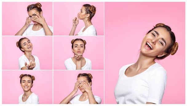young woman on pink background Attractive beautiful woman showing air kiss - Photo, Image