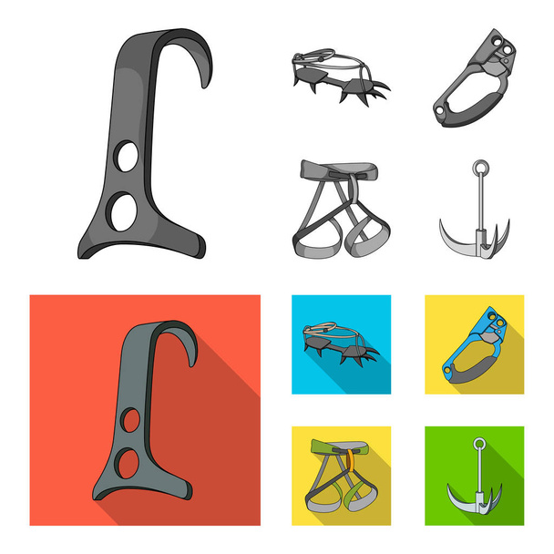 Hook, mountaineer harness, insurance and other equipment.Mountaineering set collection icons in monochrome,flat style vector symbol stock illustration web. - Διάνυσμα, εικόνα