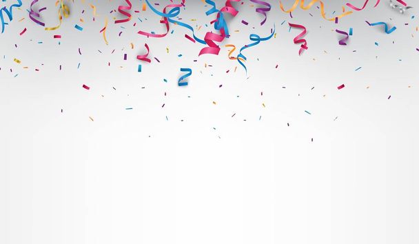 Születésnap kártya háttér színes vektoros illusztráció. Szalagok és konfetti fehér háttér a határon - Vektor, kép