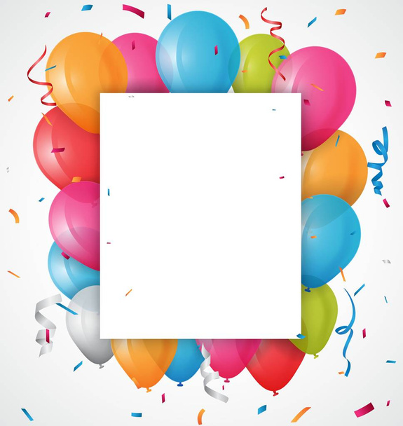 Πολύχρωμο διάνυσμα φόντο κάρτα γενεθλίων εικονογράφηση. Πλαίσιο κατασκευασμένο από πολύχρωμα μπαλόνια και κομφετί σε λευκό φόντο - Διάνυσμα, εικόνα