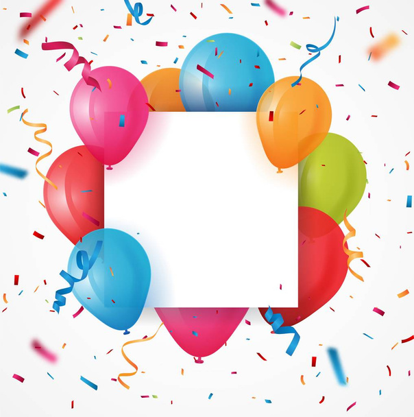 Красочная векторная иллюстрация фона открытки на день рождения. Рамка из цветных воздушных шаров и конфетти на белом фоне
 - Вектор,изображение