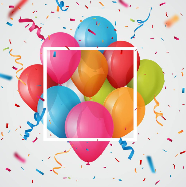 Colorida ilustración vectorial del fondo de la tarjeta de cumpleaños. Marco hecho de globos de colores y confeti sobre fondo blanco
 - Vector, Imagen