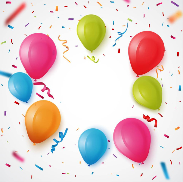 Барвиста векторна ілюстрація фону листівки на день народження. Рамка з різнокольорових кульок і конфетті на білому тлі
 - Вектор, зображення
