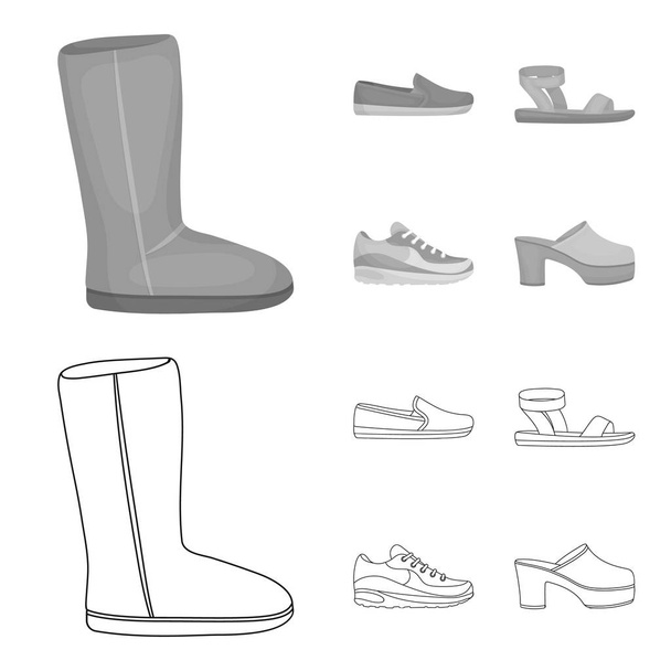 Beige ugg boots with fur, brown loafers with a white sole, sandals with a fastener, white and blue sneakers. Shoes set collection icons in outline,monochrome style vector symbol stock illustration web - Wektor, obraz