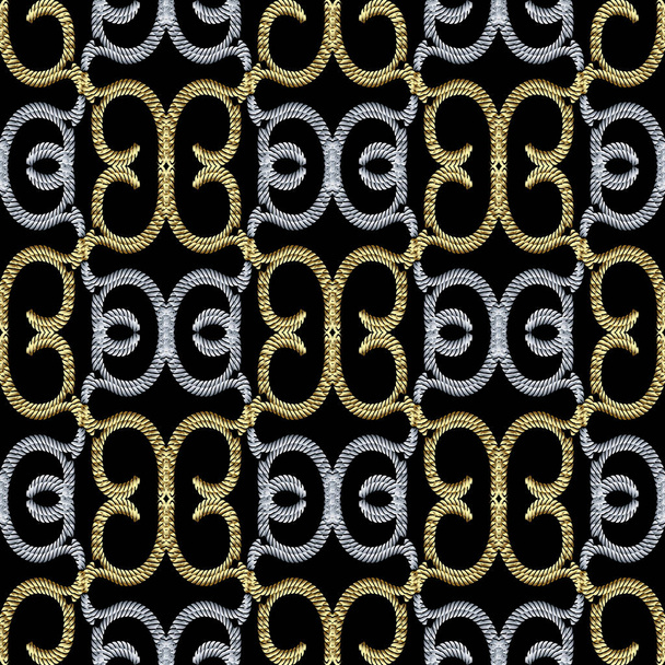 Vintage gold silver embroidery style 3d seamless pattern. Vector - Vektör, Görsel