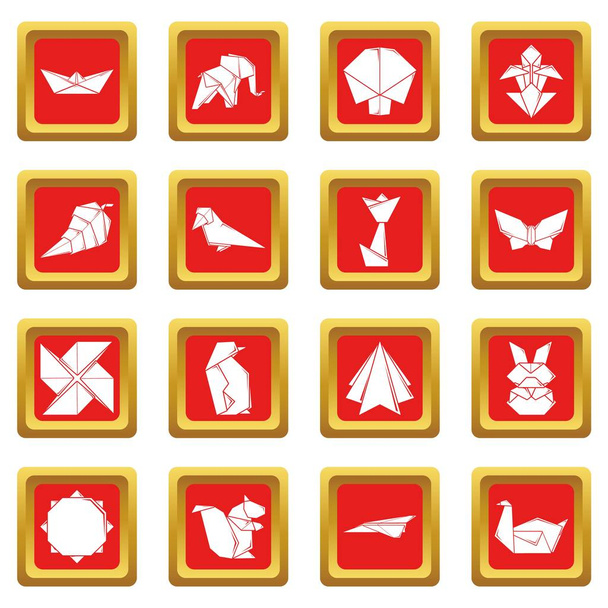 Origami icons set red square vector - Vecteur, image