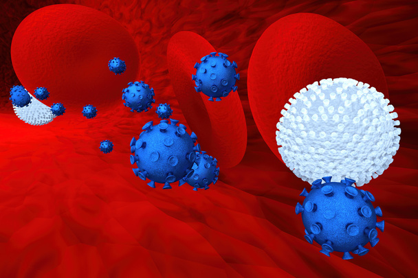 Vírus e células sanguíneas
 - Foto, Imagem