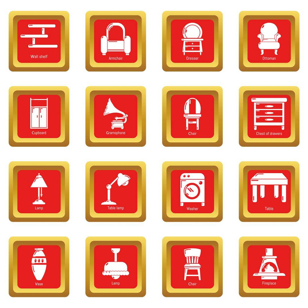 Interior furniture icons set red square vector - Διάνυσμα, εικόνα