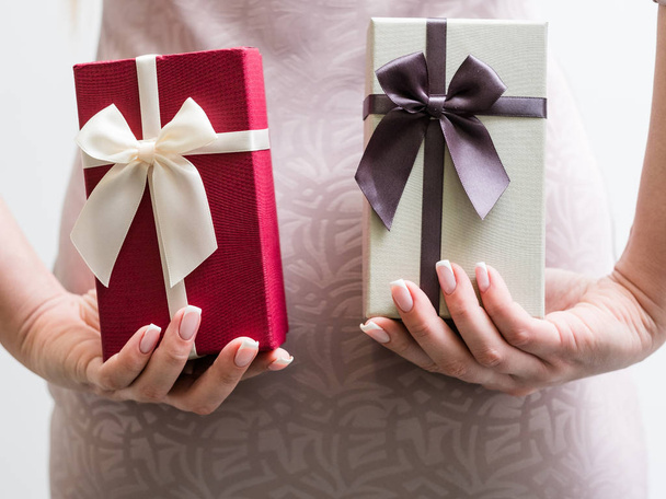 holiday present surprise woman hold gift box - 写真・画像