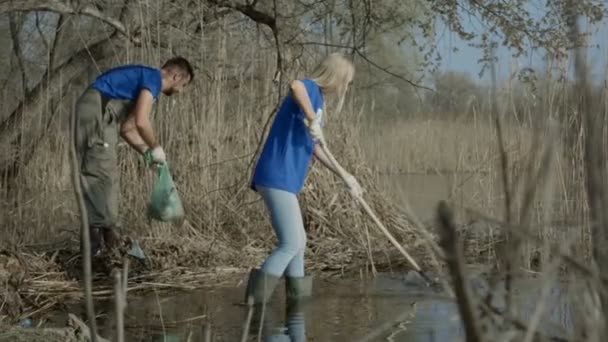 People cleaning pond shore in woods - Footage, Video