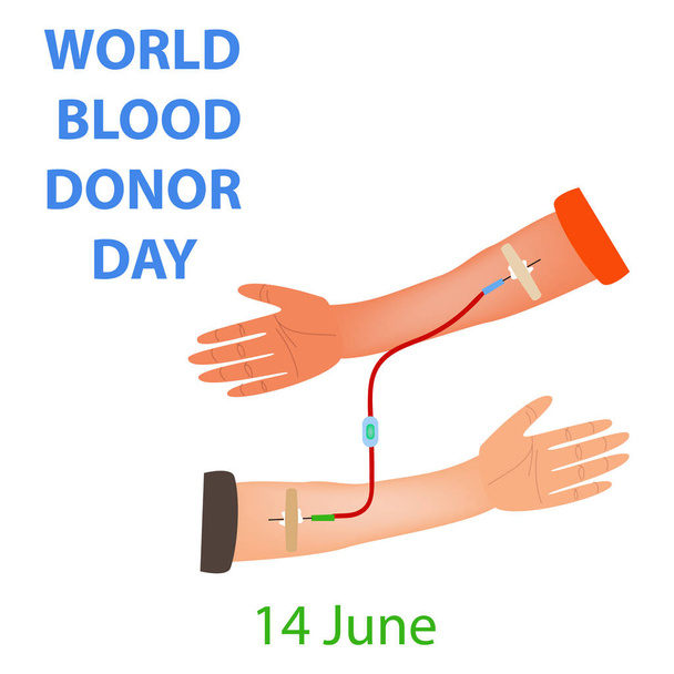 Luovuttajan ja vastaanottajan käsi, jolla on yhteinen tiputin. Maailman verenluovutuspäivä. Infografiikkaa. Vektorin kuva eristetyllä taustalla
. - Vektori, kuva