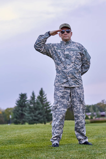 Portrait of full-length soldier saluting. - Fotoğraf, Görsel