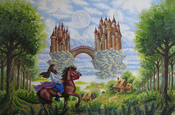 Βόλτες με ένα κορίτσι σε ένα άλογο σε ένα παλάτι που είναι πάνω σε ένα βράχο - Φωτογραφία, εικόνα