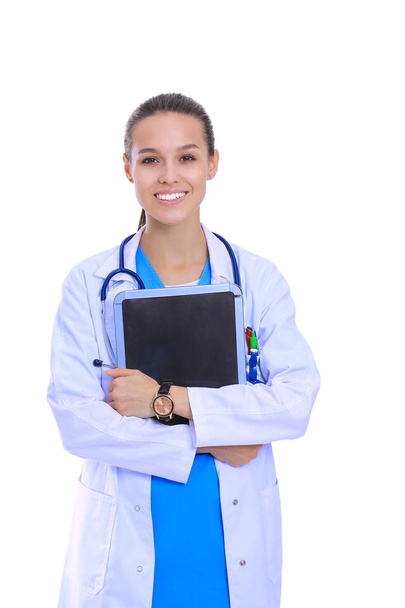 Beautiful young female with tablet computer. Woman doctors - 写真・画像