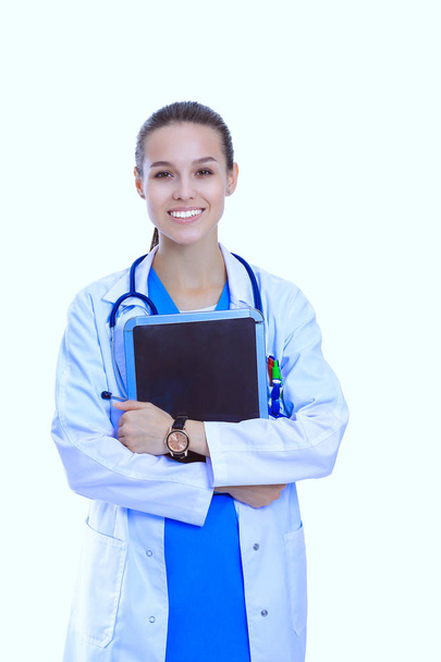 Beautiful young female with tablet computer. Woman doctors - Фото, изображение