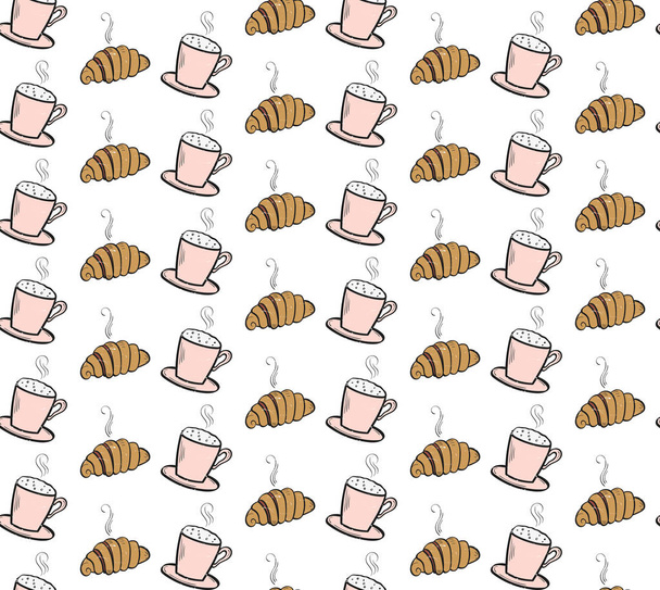 Seamless pattern with doodlecroissant and cup.  - Vector, imagen