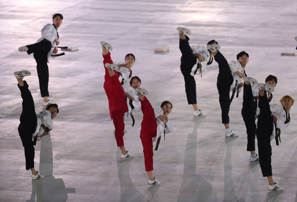 PYEONGCHANG, SOUTH KOREA - FEBRUARY 9, 2018: North-South taekwondo team performs before the opening ceremony during the Pyeongchang 2018 Olympic Winter Games at Pyeongchang Olympic Stadium - Φωτογραφία, εικόνα