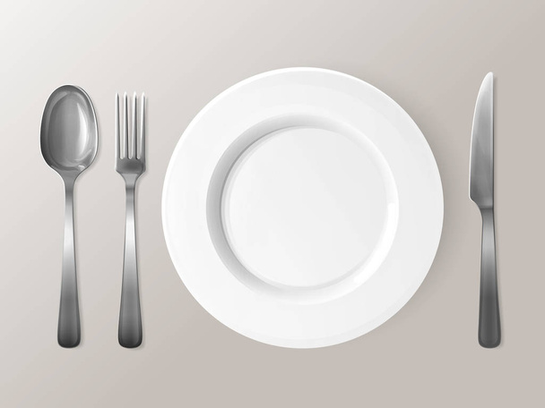 Spoon, fork or knife and plate tableware 3D vector illustration - Vector, Imagen