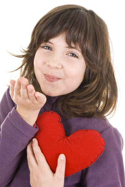 Happy little girl with red valentines heart - Zdjęcie, obraz