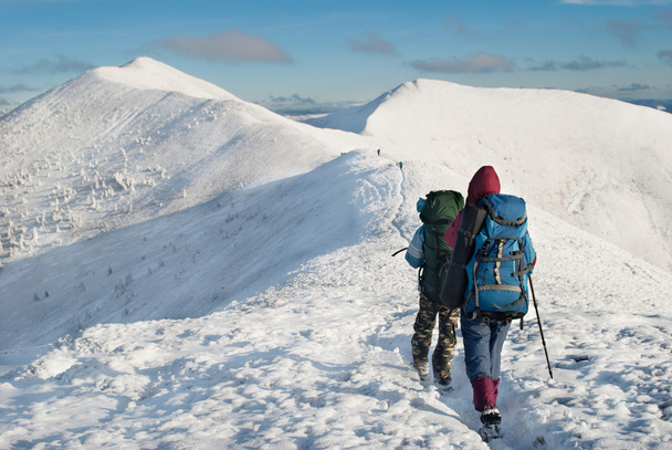 wandelaars in de besneeuwde bergen - Foto, afbeelding