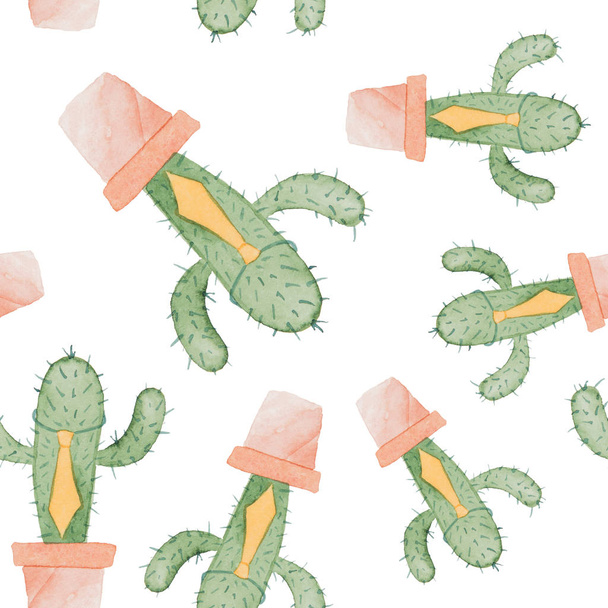 Seamless pattern of cactus characters painted in watercolor - Photo, Image