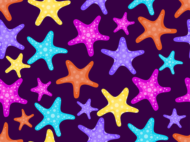 Rozgwiazdy jednolity wzór. Kolorowe rozgwiazdy na ciemnym tle. Ilustracja wektorowa - Wektor, obraz