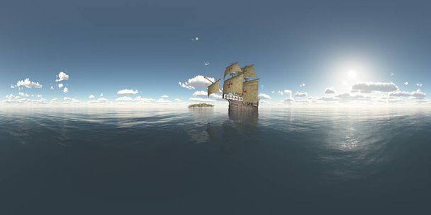 Panorama esférico sin fisuras de 360 grados con isla y caravana portuguesa del siglo XV
 - Foto, Imagen