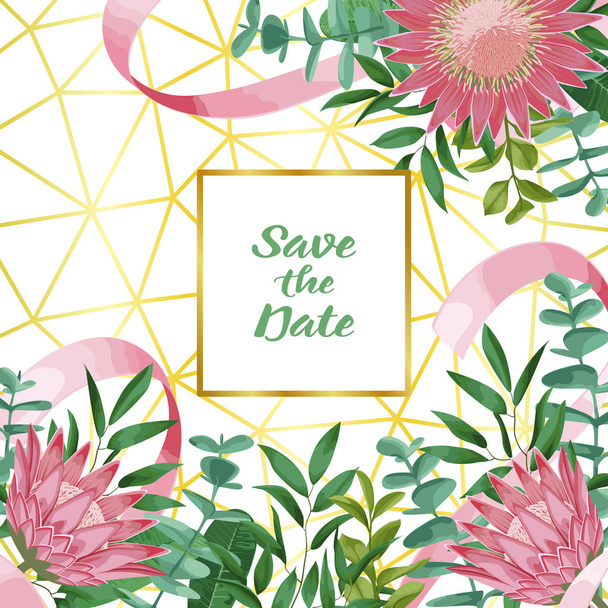 Save the Date with Geometric Frame and Greenery - Вектор,изображение