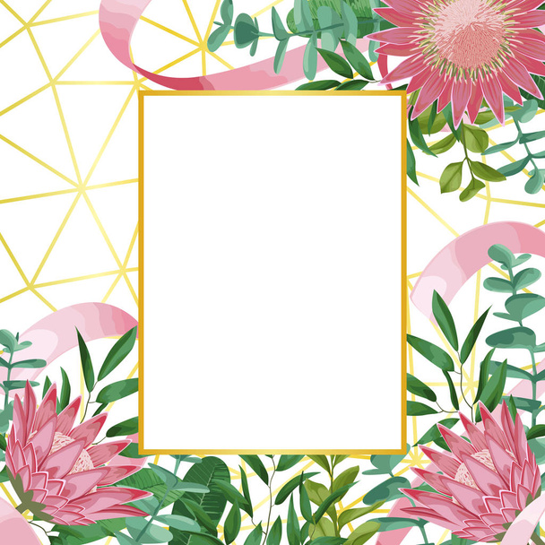 Romantic Template with Protea and Greenery on Geometric Background - Vector, imagen