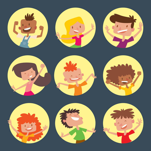 Niños felices en diferentes posiciones gran vector saltando alegre grupo de niños y divertidos niños de dibujos animados alegre equipo riendo pequeños personajes
. - Vector, imagen