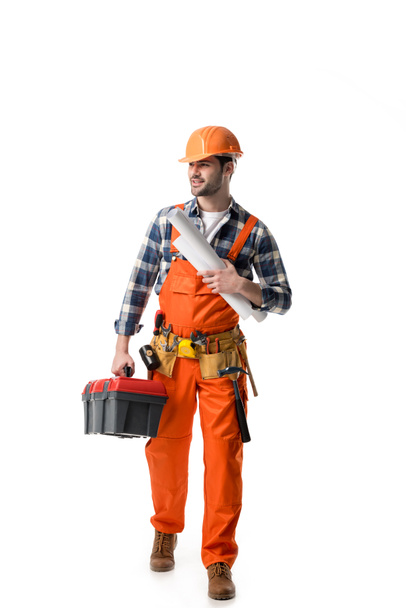 obrero en caja de herramientas de sujeción general naranja y plano aislado en blanco
 - Foto, Imagen